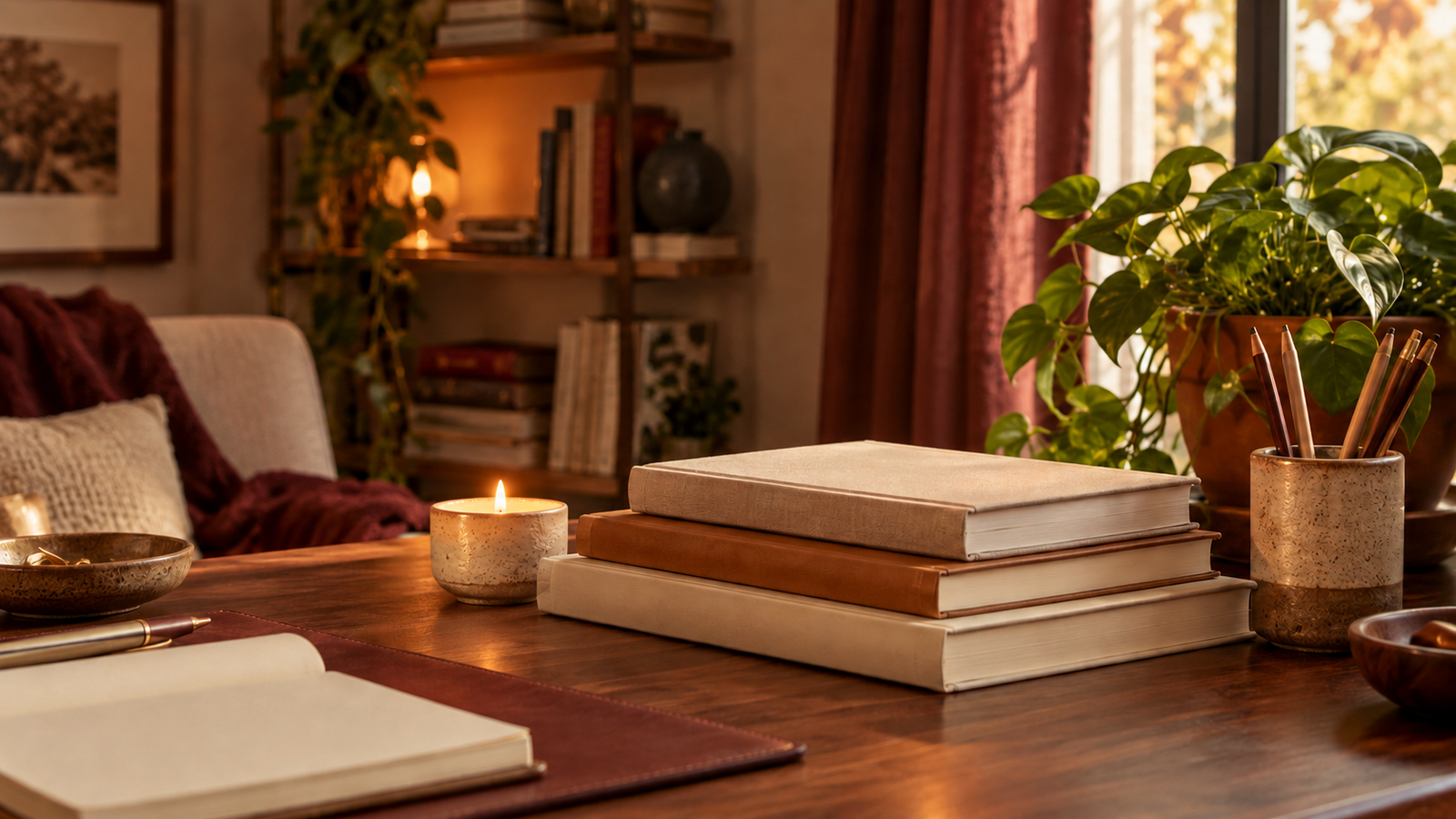 A candle, books and writing desk
